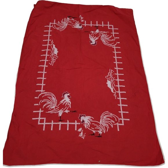 Handcrafted Tablecloth Red Linen White Cross Stitch Roosters Farms Fences 35x48 - Picture 1 of 5